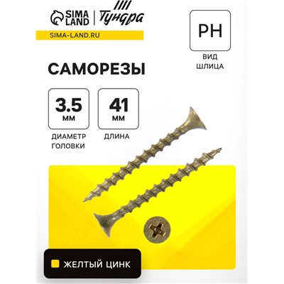 Саморез 3.5×41 ТУНДРА PREMIUM, потай, крупная резьба, шлиц PH 2 , желтый цинк, 1 кг