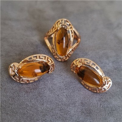 Комплект ювелирной бижутерии коллекция "Дубай",серьги и кольцо покрытие позолота, камень янтарь, р-р 17,5, 7602, арт.216.347-17,5