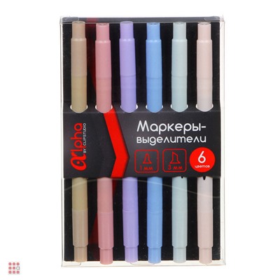 Набор маркеров-выделителей "Альфа", 2-стор, 6 цветов "пастель" након.скош.3мм/круг 1мм