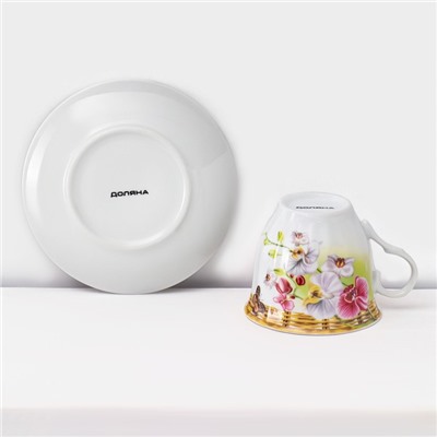 Набор чайный керамический на металлической подставке Доляна «Садовый дворик», 13 предметов: 6 чашек 200 мл, 6 блюдец d=14.1 см, чайник 1 л ㅤ