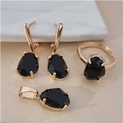Комплект ювелирной бижутерии коллекция "Дубай" серьги, кулон и кольцо 19 р, покрытие позолота, вставка: стекло, цвет: черный, арт.414.325-19