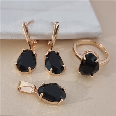 Комплект ювелирной бижутерии коллекция "Дубай" серьги, кулон и кольцо 17 р, покрытие позолота, вставка: стекло, цвет: черный, арт.414.325-17