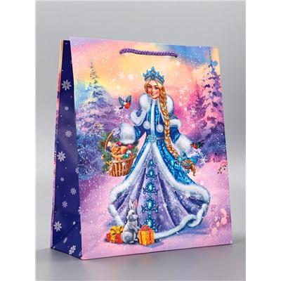 Пакет подарочный новогодний ламинированный, «Снегурочка и зайчик», 26×12×32 см