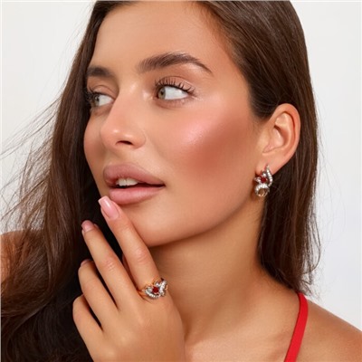 Комплект ювелирная бижутерия коллекция  "Дубай" серьги и кольцо 19 р, покрытие: позолота, вставка: фианиты, цвет: красный и прозрачный, арт.217.291-19