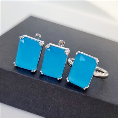 Комплект ювелирная бижутерия серьги и кольцо 19 р, покрытие: посеребрение, вставка: фианиты, цвет: бирюзовый матовый, арт.313.023-19