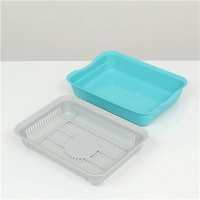 Туалет для кошек, 34.5×25.5×7.5 с, с сеткой, пластик, серый, бирюзовый