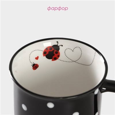 Кружка Доляна «Божья коровка», 370 мл, фарфор, чёрная