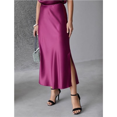 Юбка миди с разрезом из струящегося плотного сатина