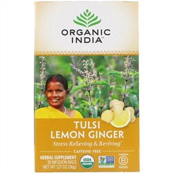 Organic India, чай с тулси, лимоном и имбирем, без кофеина, 18 пакетиков, 36 г (1,27 унции)