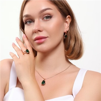 Комплект ювелирная бижутерия коллекция  "Дубай" серьги, кулон и кольцо 19 р, покрытие: позолота, вставка: фианит, цвет: зеленый, арт.313.057-19