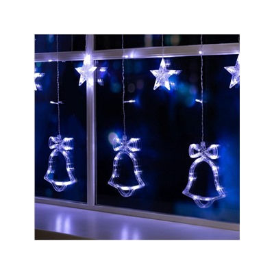 Гирлянда «Бахрома» 2.4×0.9 м с насадками «Колокольчики», IP20, прозрачная нить, 138 LED, свечение белое, 8 режимов, 220 В