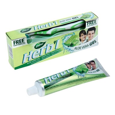 Dabur Herb'l Aloe Vera Gel Toothpaste with Toothbrush / Дабур Зубной Гель-Паста Обеззараживающий с Алоэ Вера + Зубная Щётка Ср. Жесткости 150 г