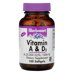 Bluebonnet Nutrition, витамины A и D3, 100 капсул