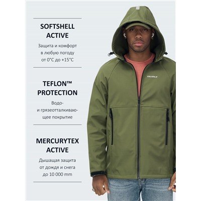 Ветровка спортивная мужская с капюшоном softshell цвета хаки 9563Kh