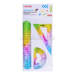 Набор геометрический "Rainbow Flex" малый, 3 предмета (линейка 20 см, угольник 30°/60°/90°, транспортир) полупрозрачный радужный, в пластиковом блистере