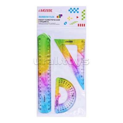 Набор геометрический "Rainbow Flex" малый, 3 предмета (линейка 20 см, угольник 30°/60°/90°, транспортир) полупрозрачный радужный, в пластиковом блистере