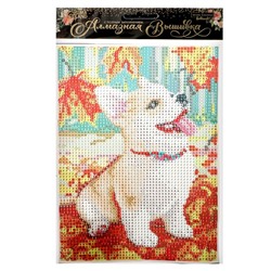 Алмазная мозаика с полным заполнением на холсте «Щенок и осень», 15×21 см