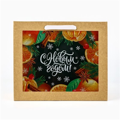 Пакет подарочный новогодний крафтовый с пластиковым окном «С Новым годом», 31×26×11 см