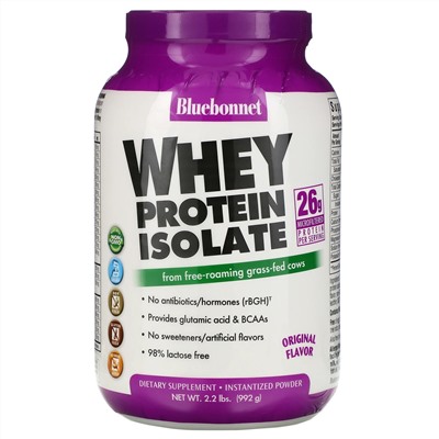 Bluebonnet Nutrition, 100 % натуральный изолят сывороточного белка, с натуральным оригинальным вкусом, 992 г (2,2 фунта)