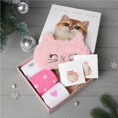 Набор новогодний подарочный KAFTAN «Киса», маска, носки размер 36-39 (23-25 см), открытка 2 шт.