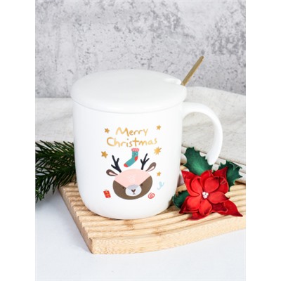 Кружка новогодняя с крышкой, ложка / HB-A2096 /уп 60/