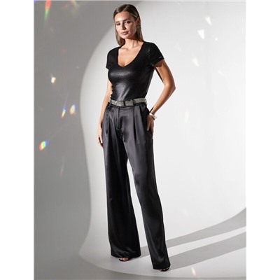 Футболка облегающая из хлопка в рубчик с V вырезом и матовым покрытием металлик