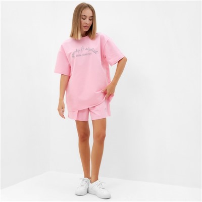 Костюм женский (футболка, шорты) MINAKU: SPORTY & STYLISH, светло-розовый, размер 44