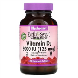 Bluebonnet Nutrition, витамин D3, малина, 5000 МЕ (125 мкг), 90 жевательных таблеток