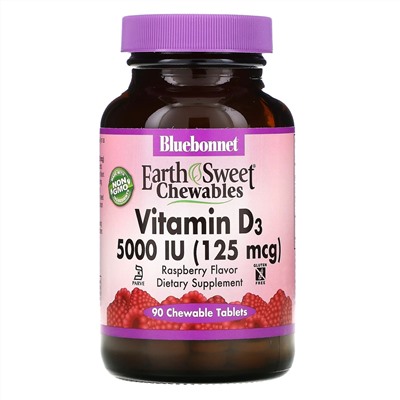 Bluebonnet Nutrition, витамин D3, малина, 5000 МЕ (125 мкг), 90 жевательных таблеток