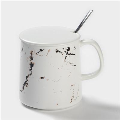Кружка с ложкой «Белый мрамор», 350 мл, керамика, белая