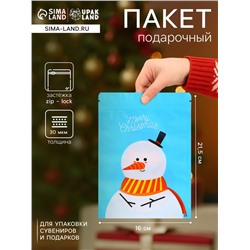 Пакет подарочный новогодний, с zip-lock застежкой, «Снеговик с шарфом», 16×21.5±1 см
