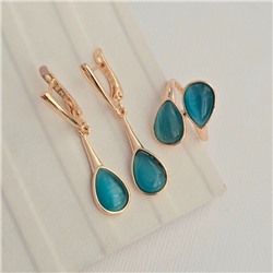 Комплект ювелирной бижутерии коллекция "Дубай" серьги и кольцо 20 р, покрытие позолота, вставка: искусственный кошачий глаз, цвет: голубой, арт.314.985-20