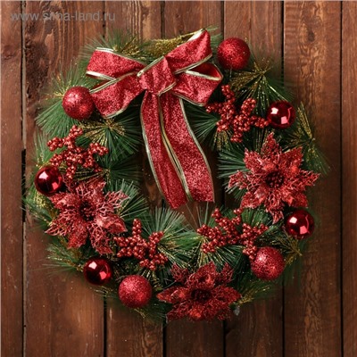 Венок новогодний d=36 см «Зимнее волшебство. Бант», с красными ягодами и цветами