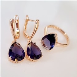 Комплект ювелирная бижутерия коллекция  "Дубай" серьги и кольцо 17 р, покрытие: позолота, вставка: фианит, цвет: фиолетовый, арт.313.093-17