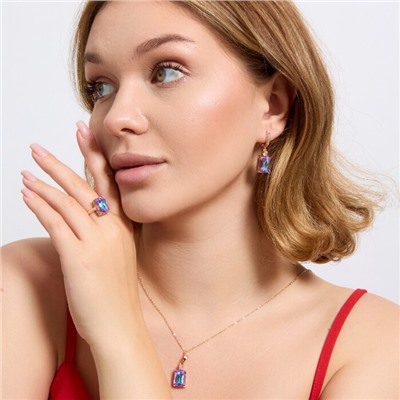 Комплект ювелирной бижутерии коллекция "Дубай" серьги, кулон и кольцо 20 р, покрытие позолота, вставка: фианит, цвет: розовый и голубой, арт.313.187-20