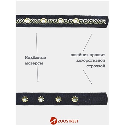 Ошейник, 45×2 см, с бантиком, тесьмой и стразами, кожа, чёрный