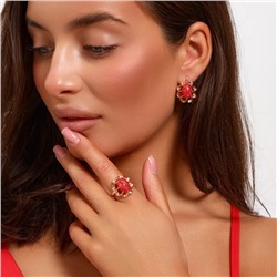 Комплект ювелирная бижутерия коллекция  "Дубай" серьги и кольцо 18 р, покрытие: позолота, вставка: искусственный камень с вкраплениями, цвет: красный, арт.313.127-18