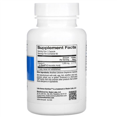Lake Avenue Nutrition, Витамин C, с Quali-C, 1000 мг, 60 вегетарианских капсул