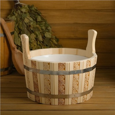 Шайка - таз для бани и сауны «Русские узоры», 9 л, деревянная, пластиковая вставка, «Добропаровъ»