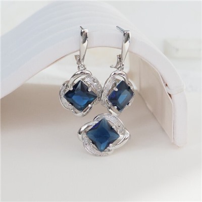 Комплект ювелирной бижутерии крупный коллекция серьги и кольцо 17 р, покрытие: посеребрение, вставка: фианиты, цвет: синий, арт.213.802-17