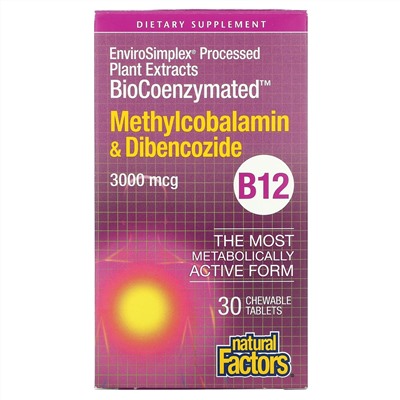 Natural Factors, BioCoenzymated, B12, Methylcobalamin & Dibencozide, 3,000 mcg, 30 Chewable Tablets