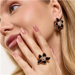 Комплект ювелирной бижутерии коллекция "Дубай" серьги и кольцо 19 р, покрытие позолота, вставка: фианиты, цвет: черный и прозрачный, арт.314.959-19