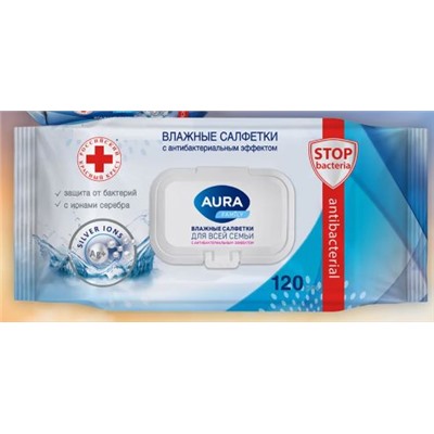 Влажные салфетки , с антибактериальным эффектом AURA FAMILY(120шт)