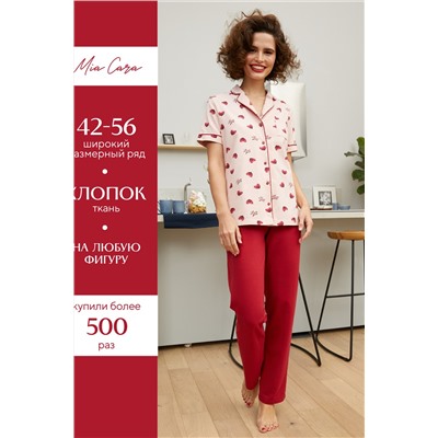 Пижама жакет к/рук, брюки жен Mia Cara SS21WJ327 French Kiss красный/сердечки