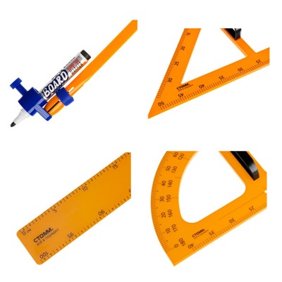 Набор для школьной доски (линейка 100см, треугольник 30°, треугольник 45°, транспортир, циркуль), пластик, желтый, коробка НД-13041 Стамм