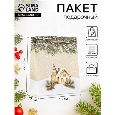 Пакет подарочный новогодний ламинированный, «Новогодний дом», 18×10×22.3 см