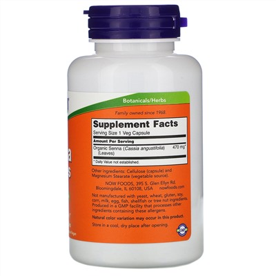 Now Foods, Листья сенны, 470 мг, 100 растительных капсул