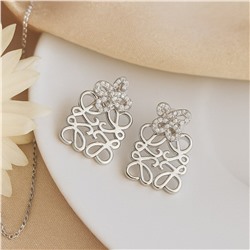 Серьги ажурные под бренд со стразами, висячие, покрытия серебрение, арт.313.227