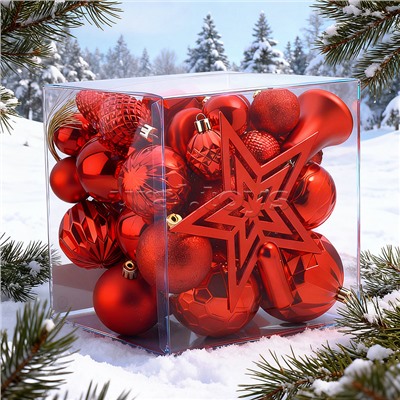 Набор новогодних украшений "Красный иней" (45шт х 4, 6, 8 см)