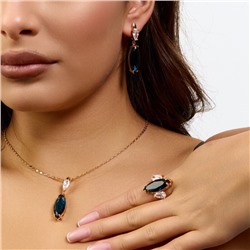 Комплект ювелирной бижутерии коллекция "Дубай" серьги, кулон и кольцо 18 р, покрытие позолота, вставка: стекло и фианиты, цвет: суровый синий и прозрачный, арт.414.251-18